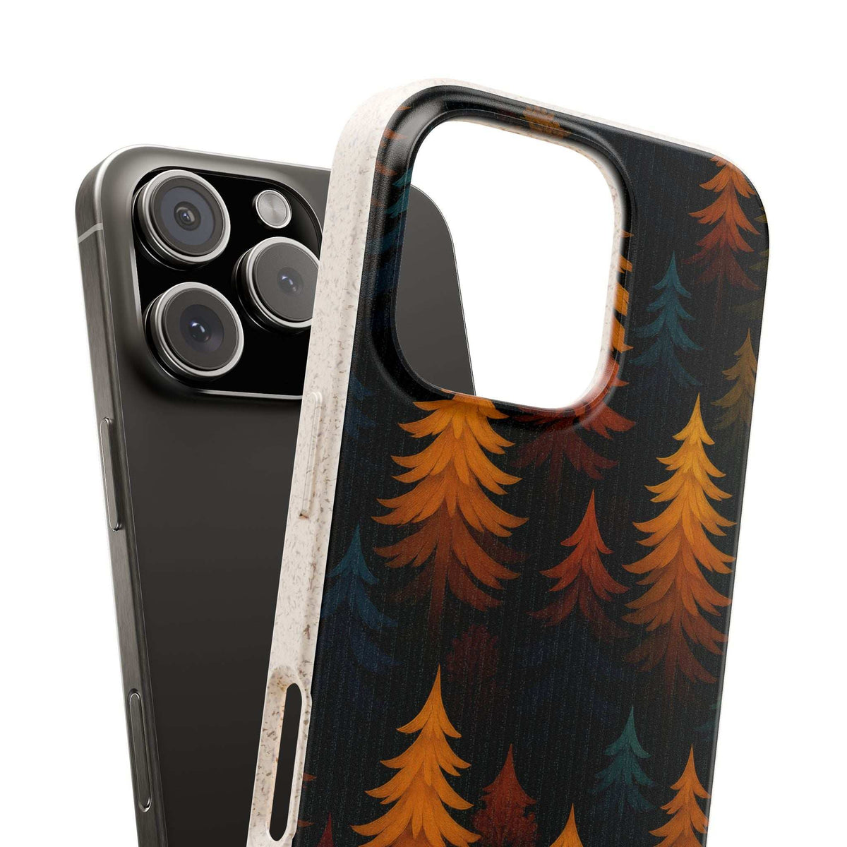Biodegradable phone case in dark forest tree print with camera housing protection