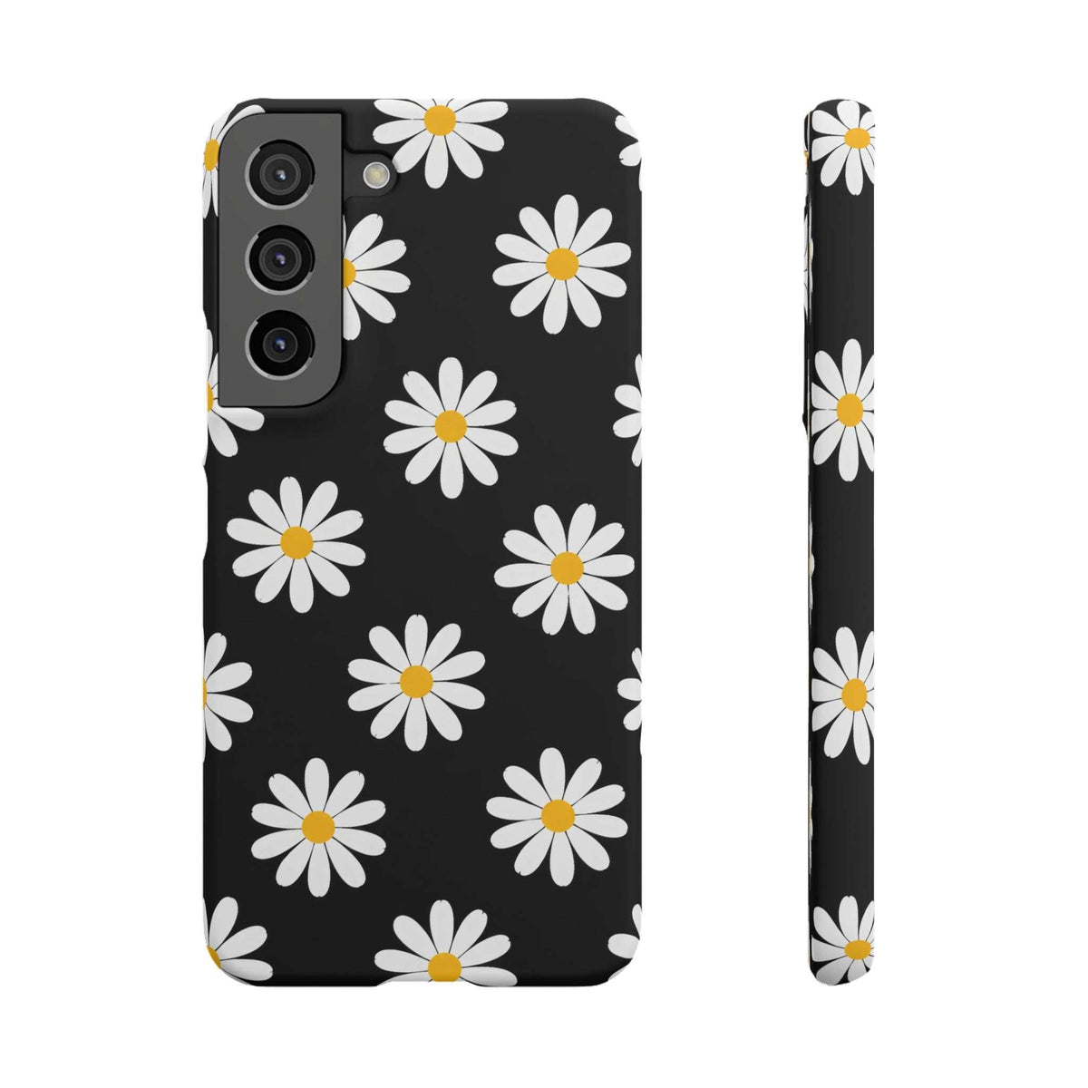 Black phone case with white daisy pattern and yellow centers, front and side view.