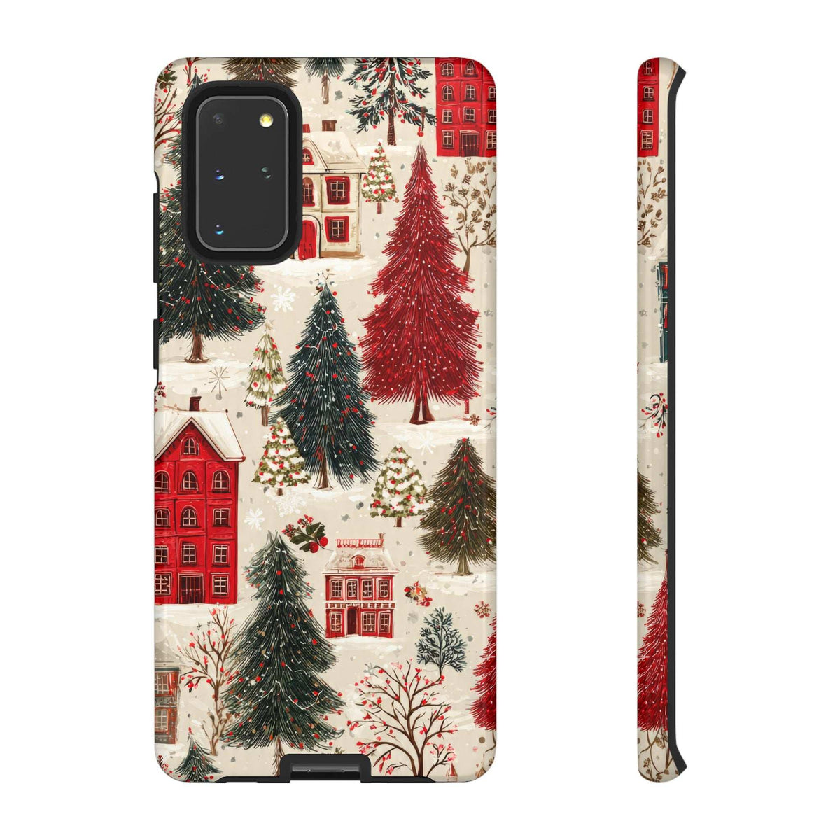 Winter village phone case with red houses and evergreen trees, slim side profile with cutouts