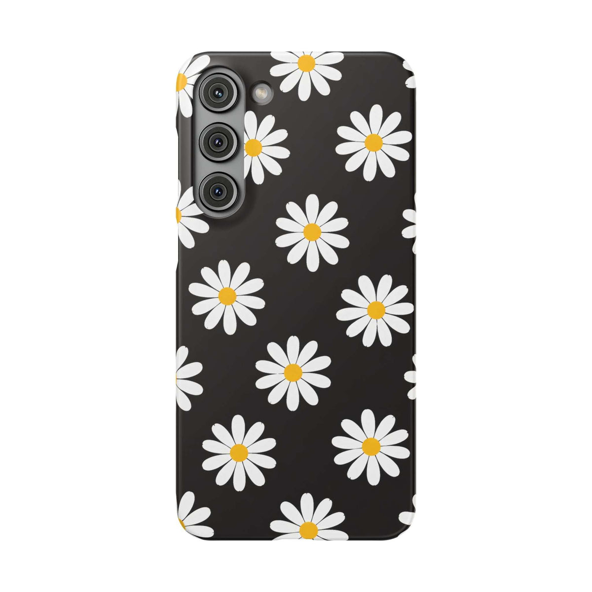 Black phone case with white daisies and yellow centers; camera cutouts on top-left