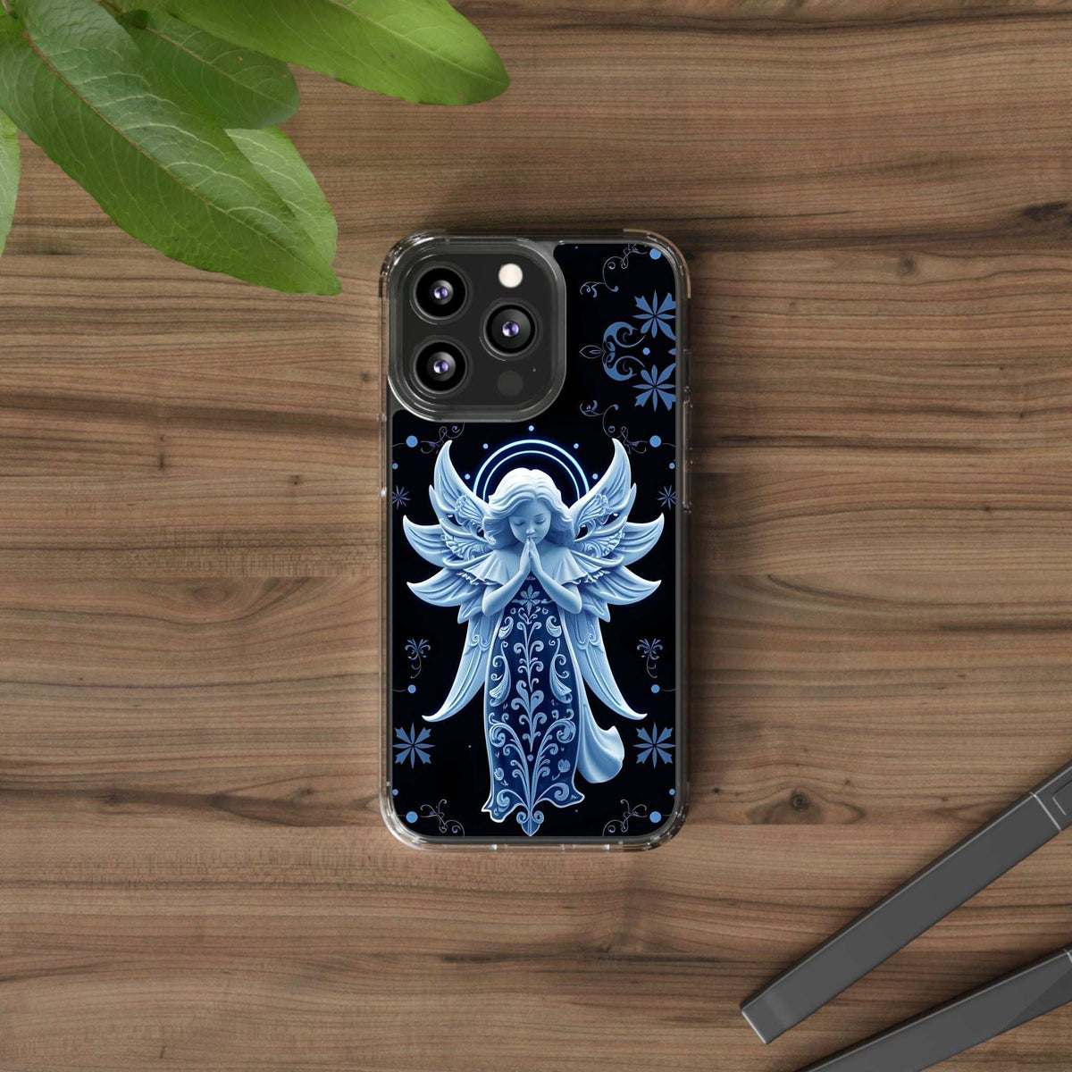 Blue angel prayer phone case with neon halo circle, shown on a clear back