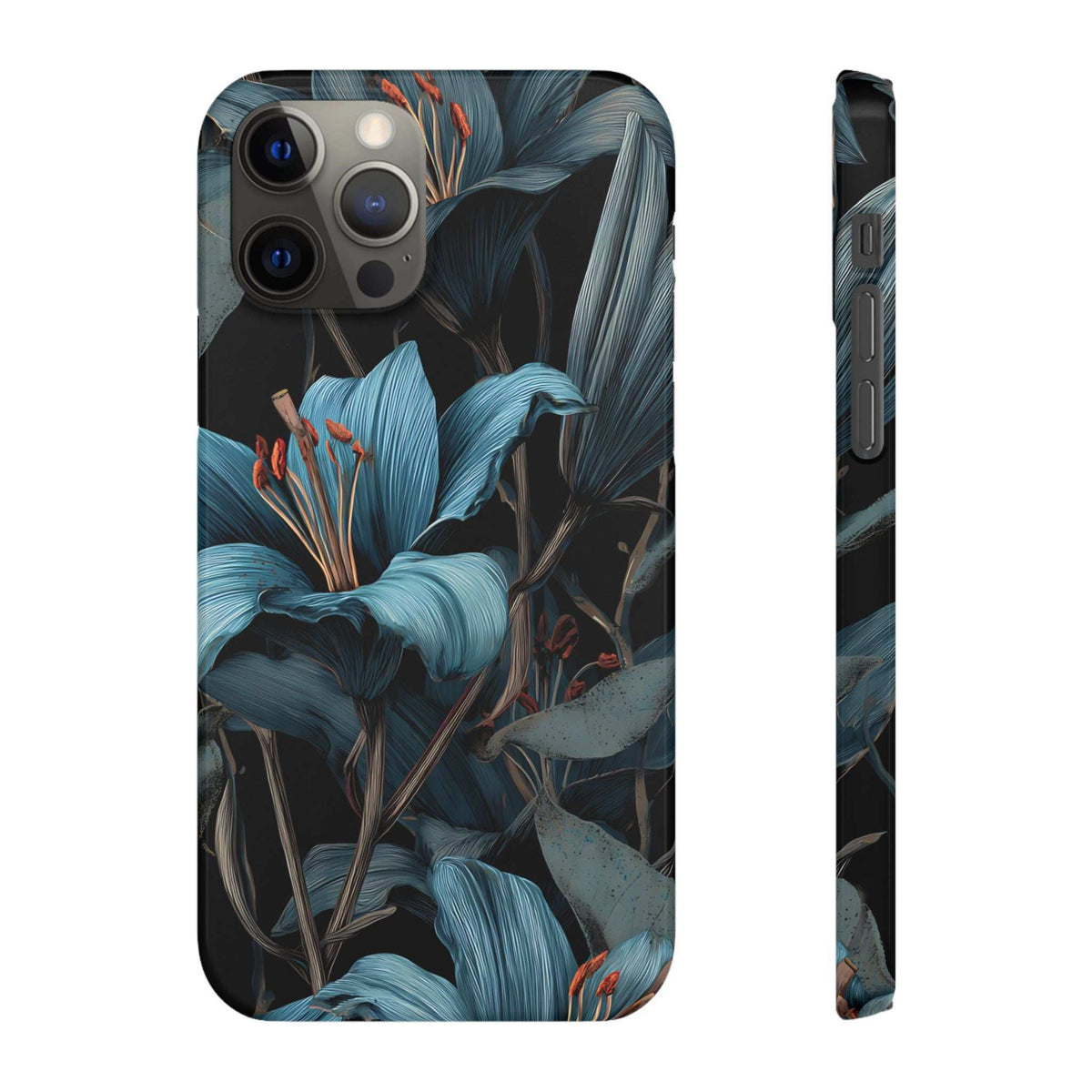 Blue floral phone case front with triple camera openings and side port cutout strip.