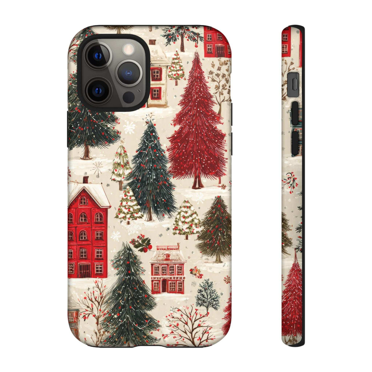 Winter village phone case with red houses and pine trees, black camera cutout, back view