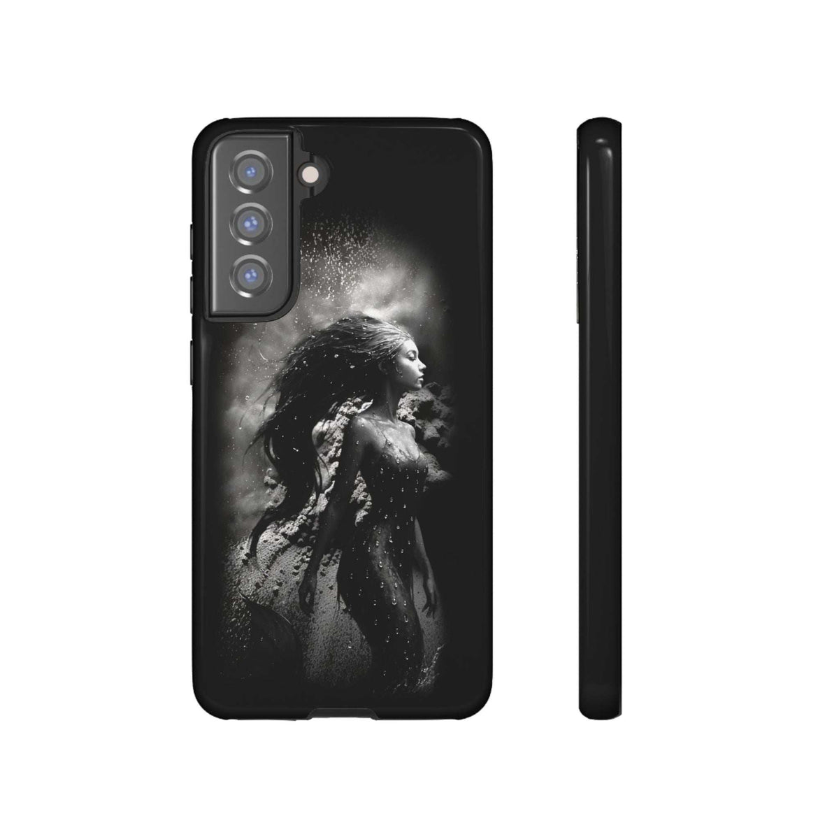 Black phone case with monochrome mermaid portrait, corner camera module, side edge