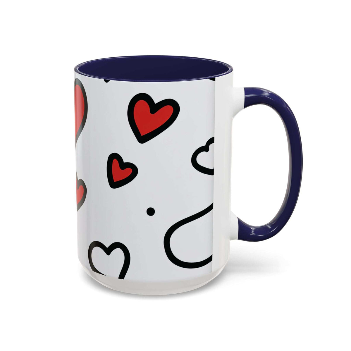 Accent coffee mug with navy interior and handle, white body, red and black heart pattern.