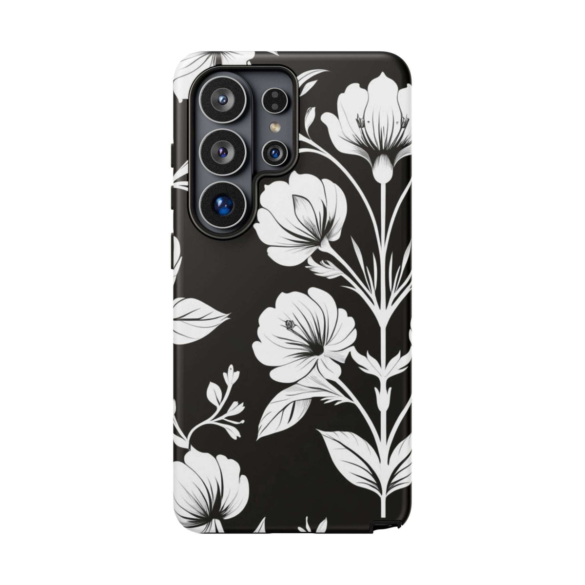 Phone case with black base and white botanical print, covers rear camera lenses