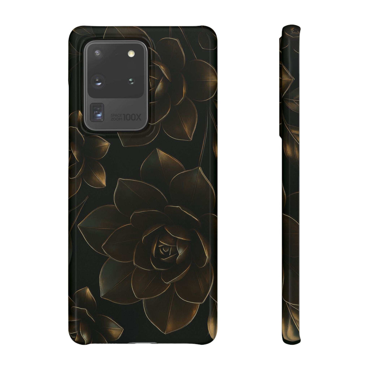 Glossy black phone case with gold rose metal-flower design and device-brand label near camera.