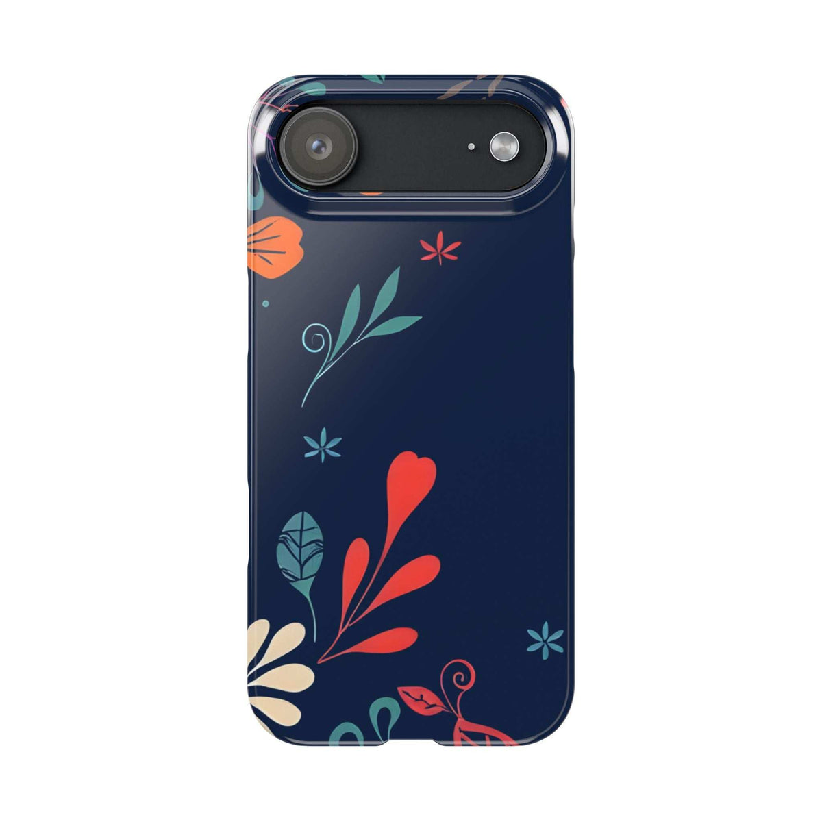 Dark navy floral phone case with red heart and red bird near the bottom edge