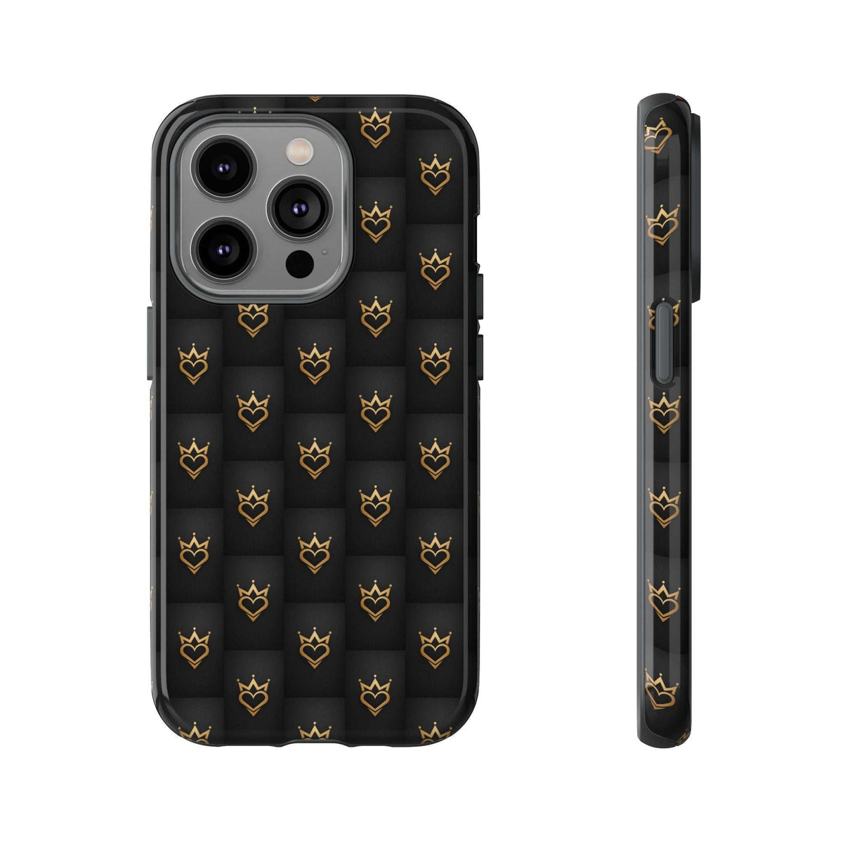 Glossy dark phone case with gold crown heart doodles, side buttons and camera cutouts