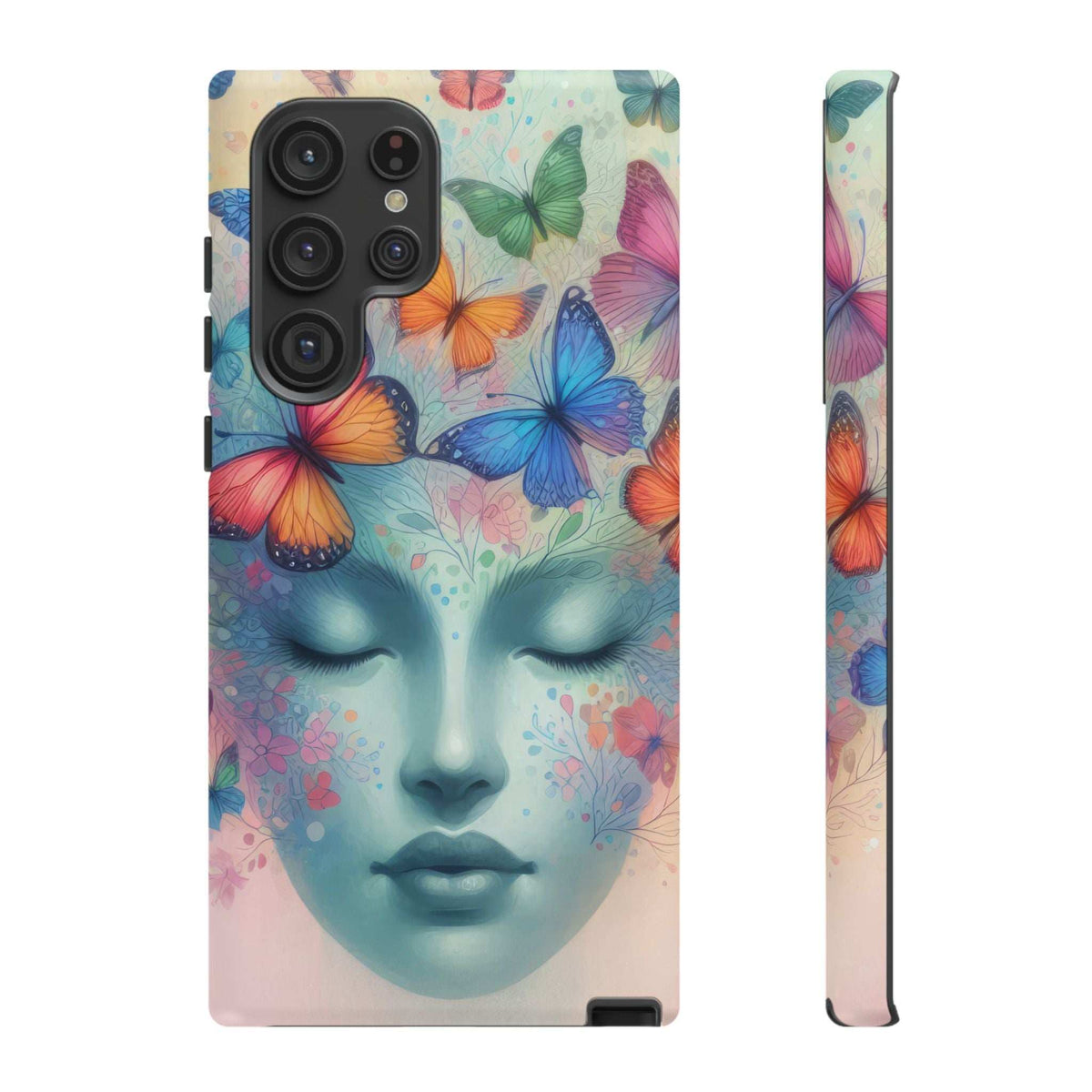 Phone case with colorful butterflies and soft blue face art, showing side thickness