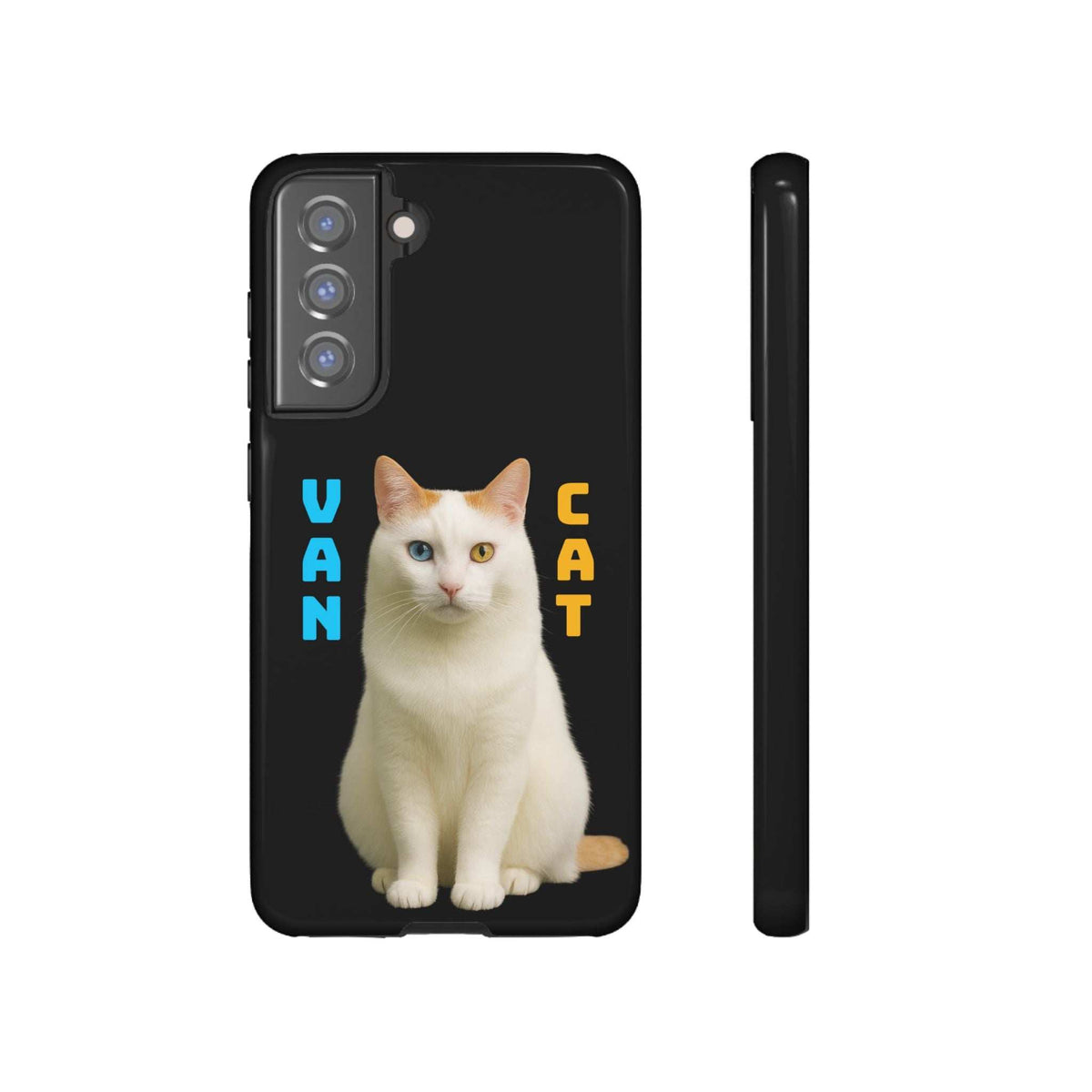 Glossy black phone case with white cat image, camera cutouts, and narrow side profile