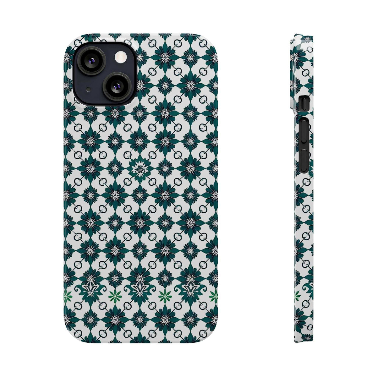 Phone case front view with teal-green geometric floral print; side panel and button cutout.