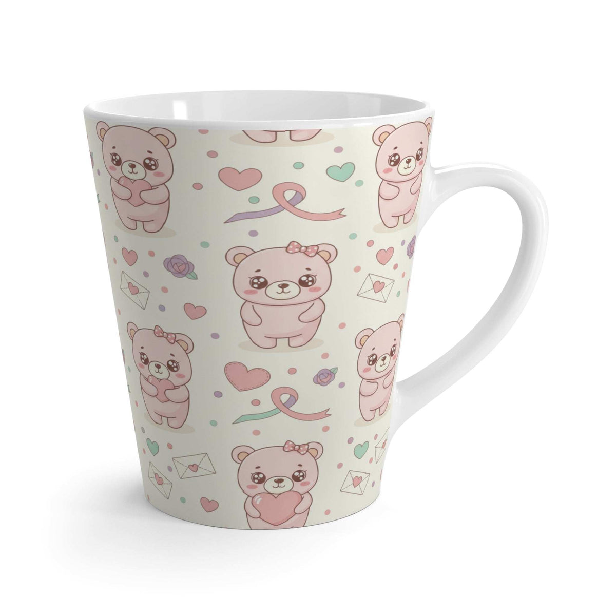 White ceramic latte mug with repeating bear and heart design, right-side handle