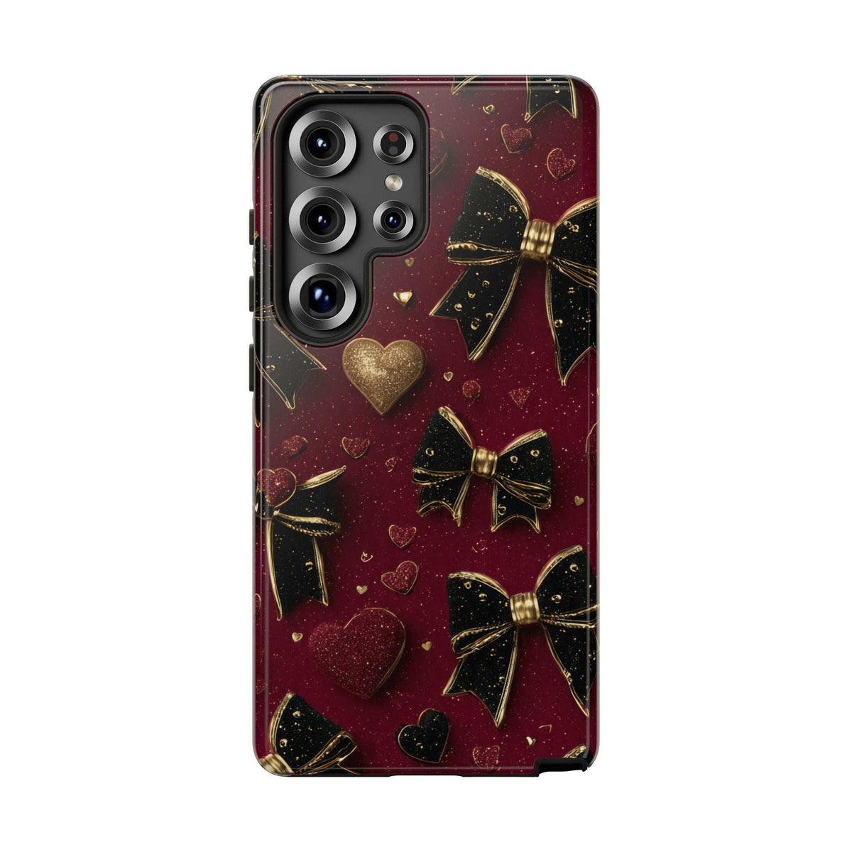 Burgundy glossy phone case with gold bows, hearts, and camera cutouts