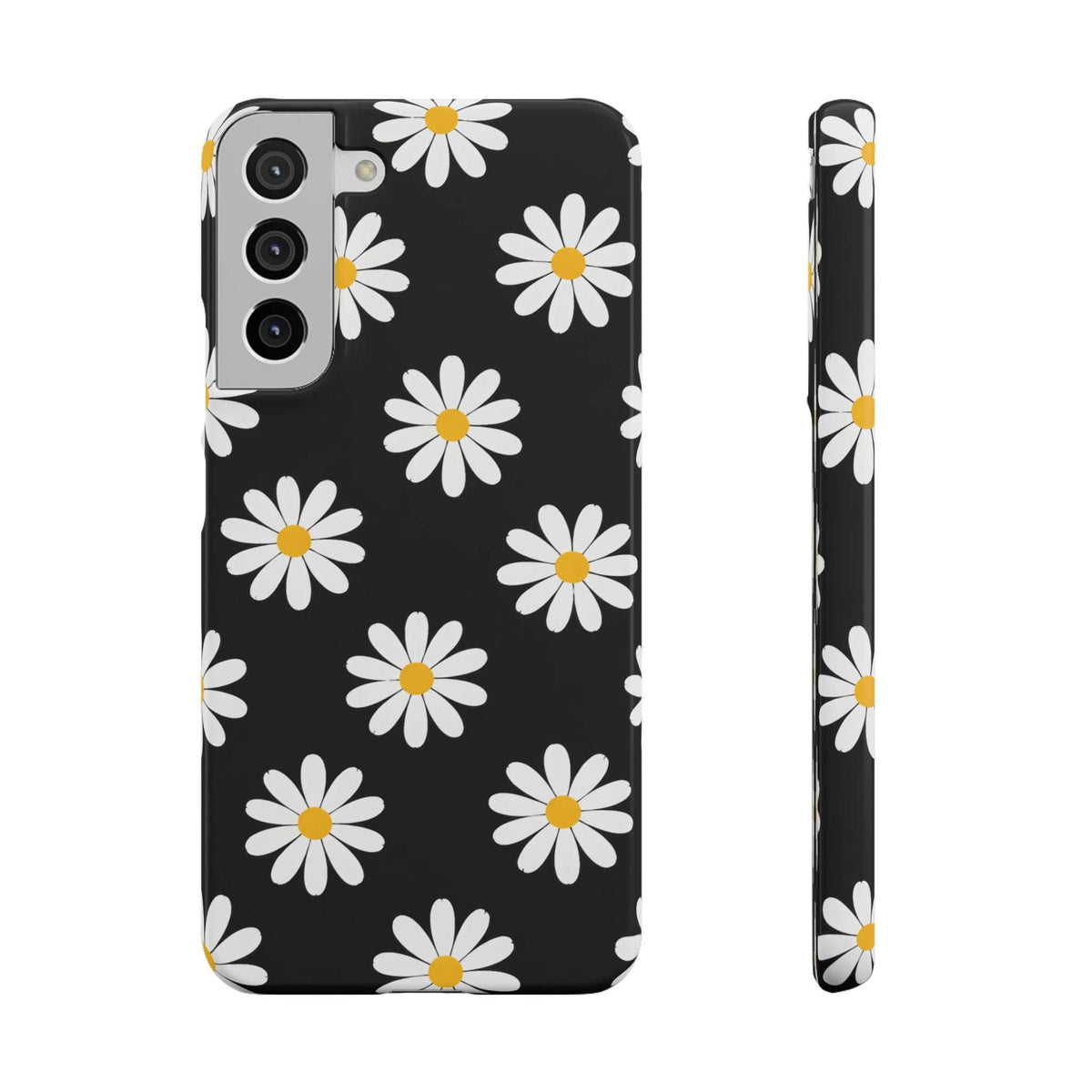 Black phone case with white daisies and yellow centers, close-up of camera area.