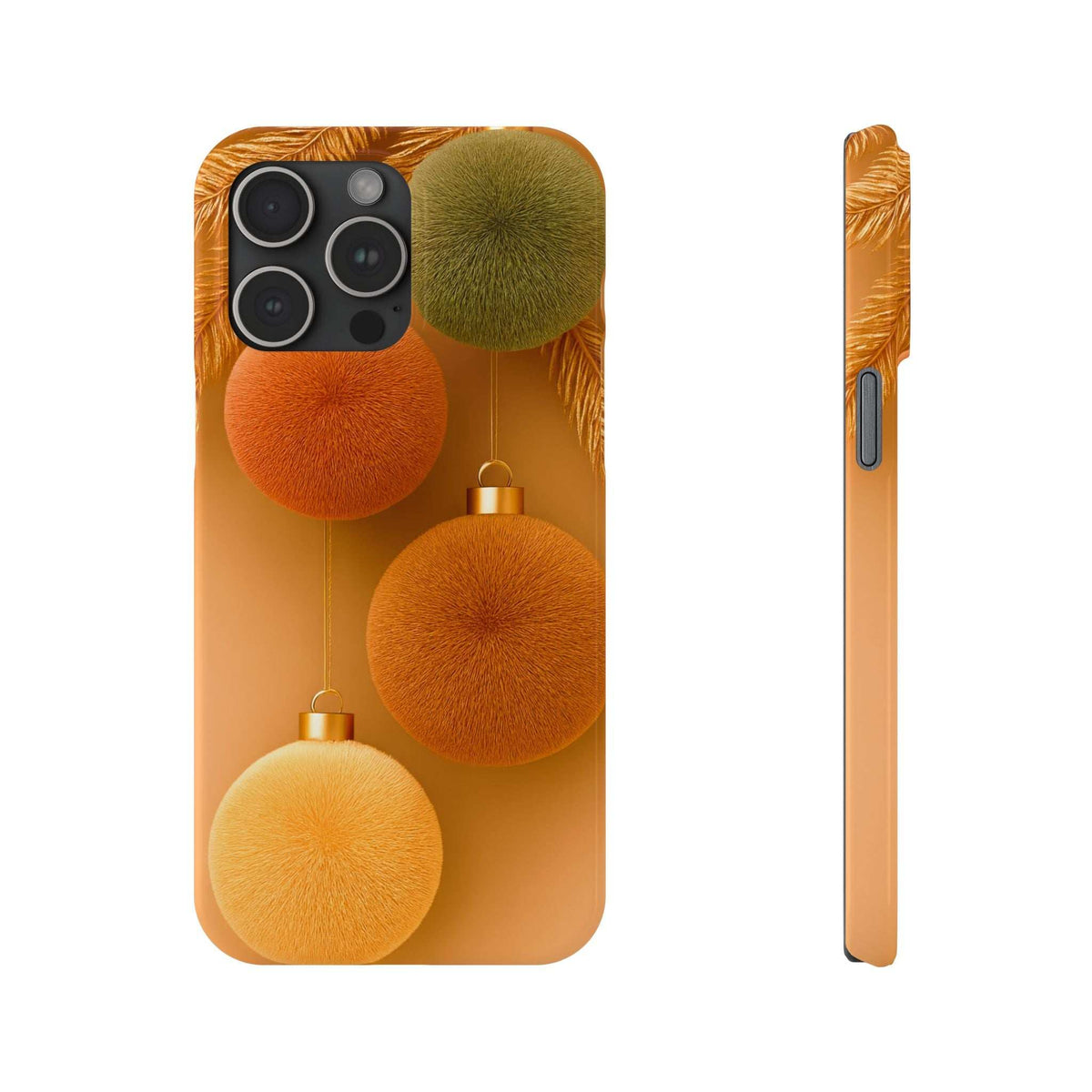 Phone case for iPhone 11-17 with fuzzy ornament balls in orange, green, and gold
