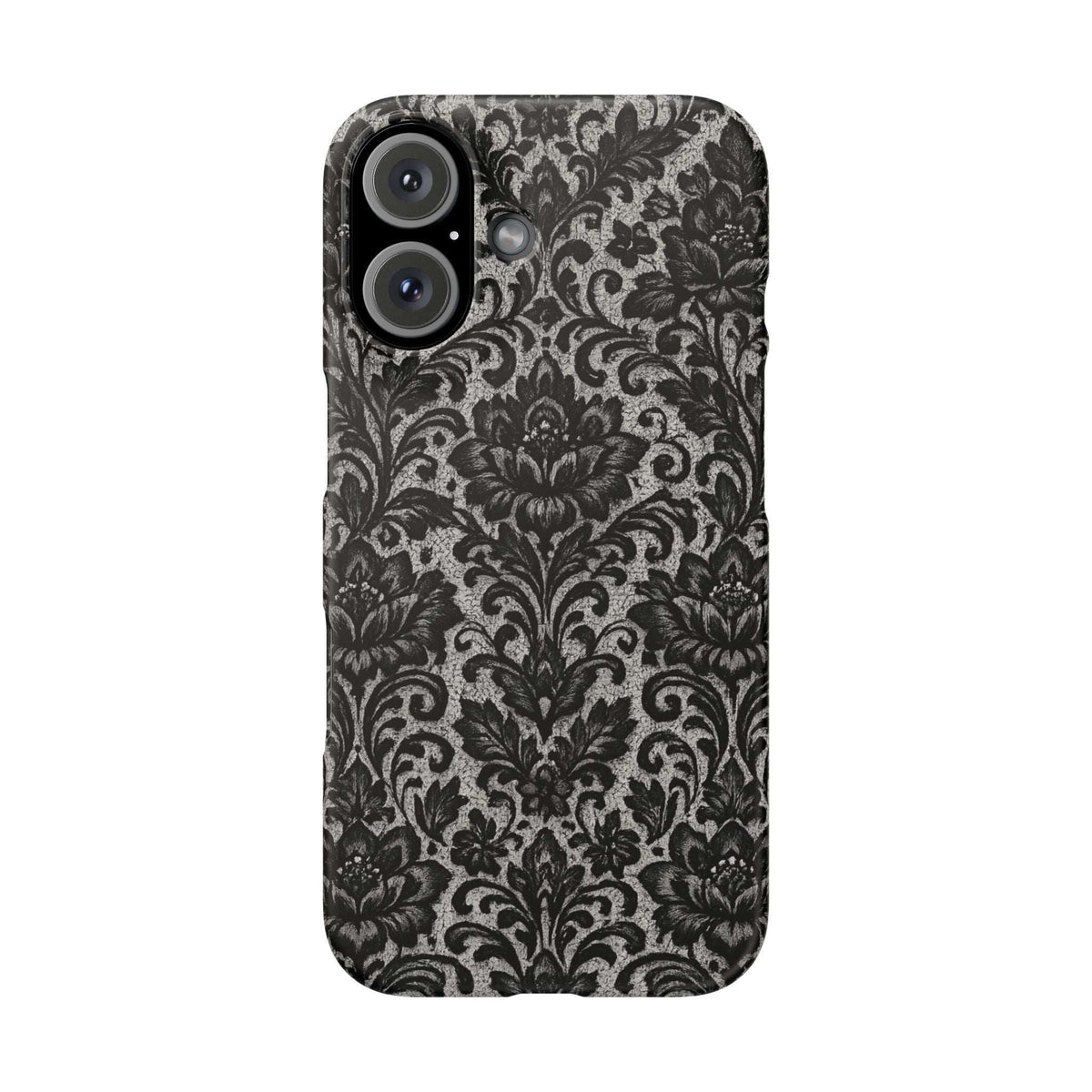 Black damask floral phone case with raised camera lenses and textured damask pattern
