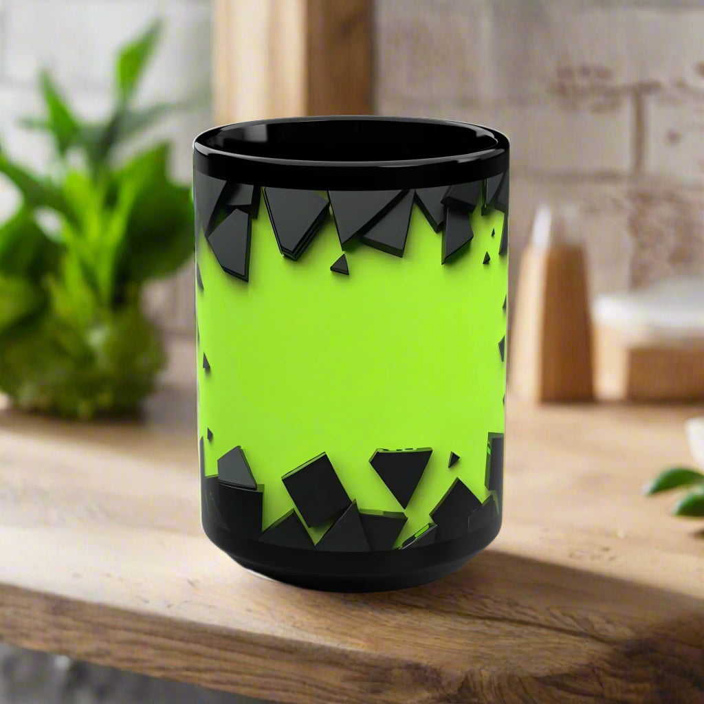 Dynamic Black & Neon Green Mug – 15oz Geometric Design - KarArmDesign