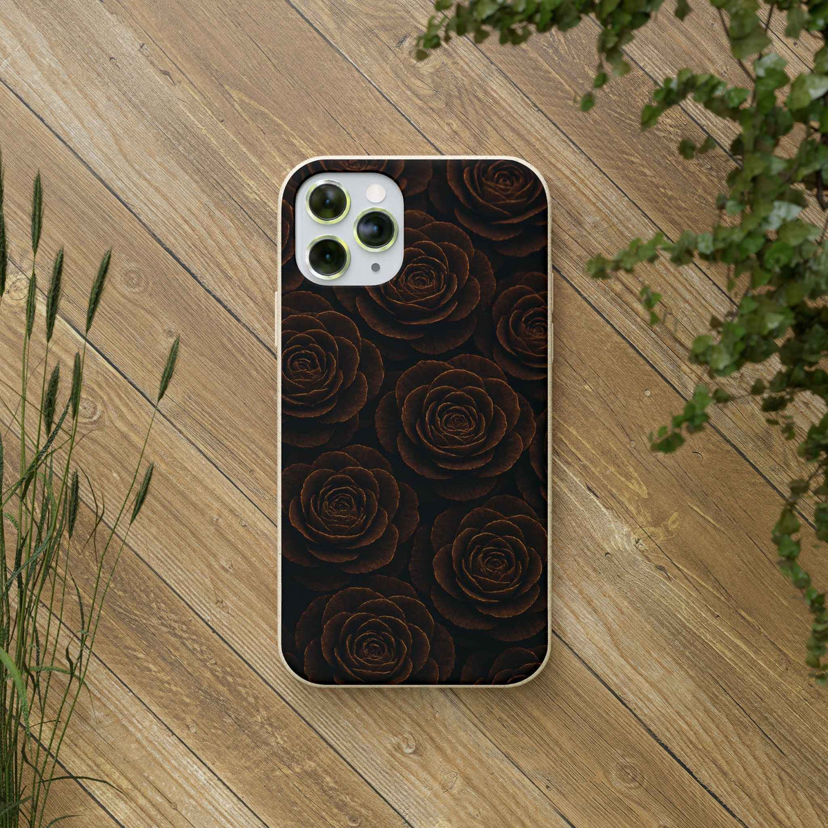 Phone case with dark rose pattern, camera cutouts on front