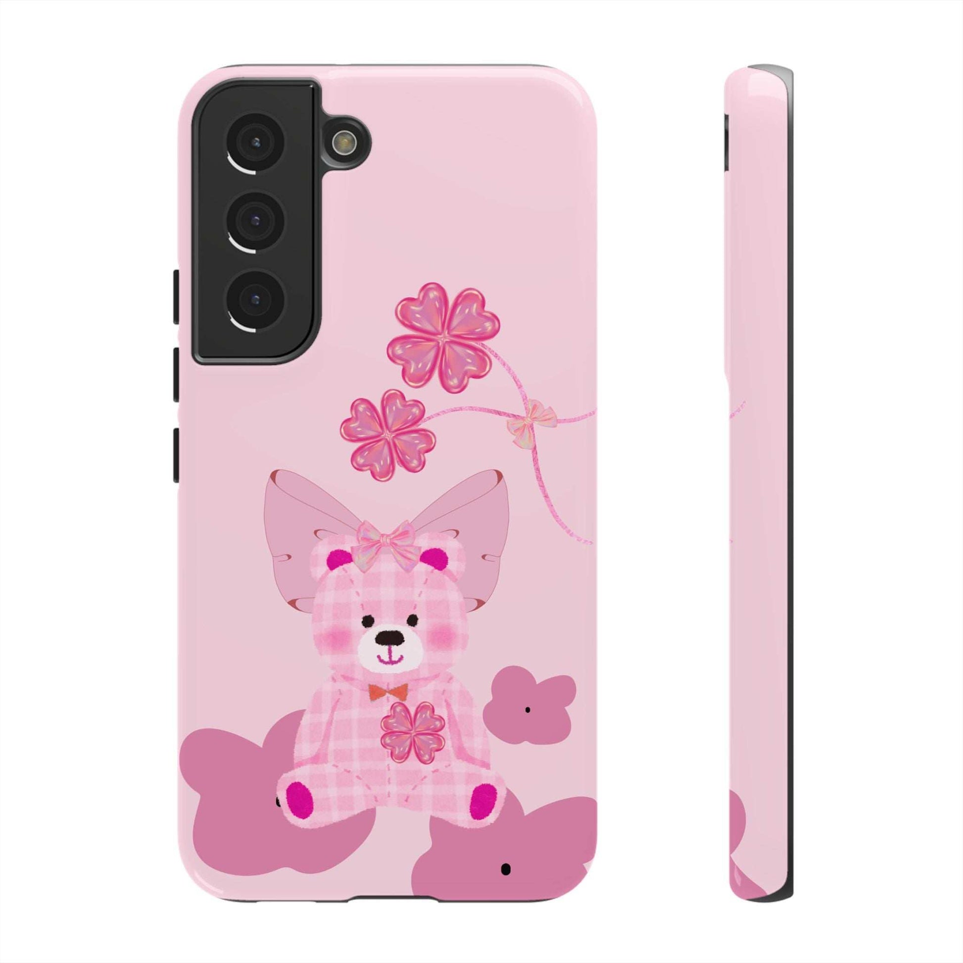 Pink teddy bear phone case with floral bow; back view and narrow side profile.
