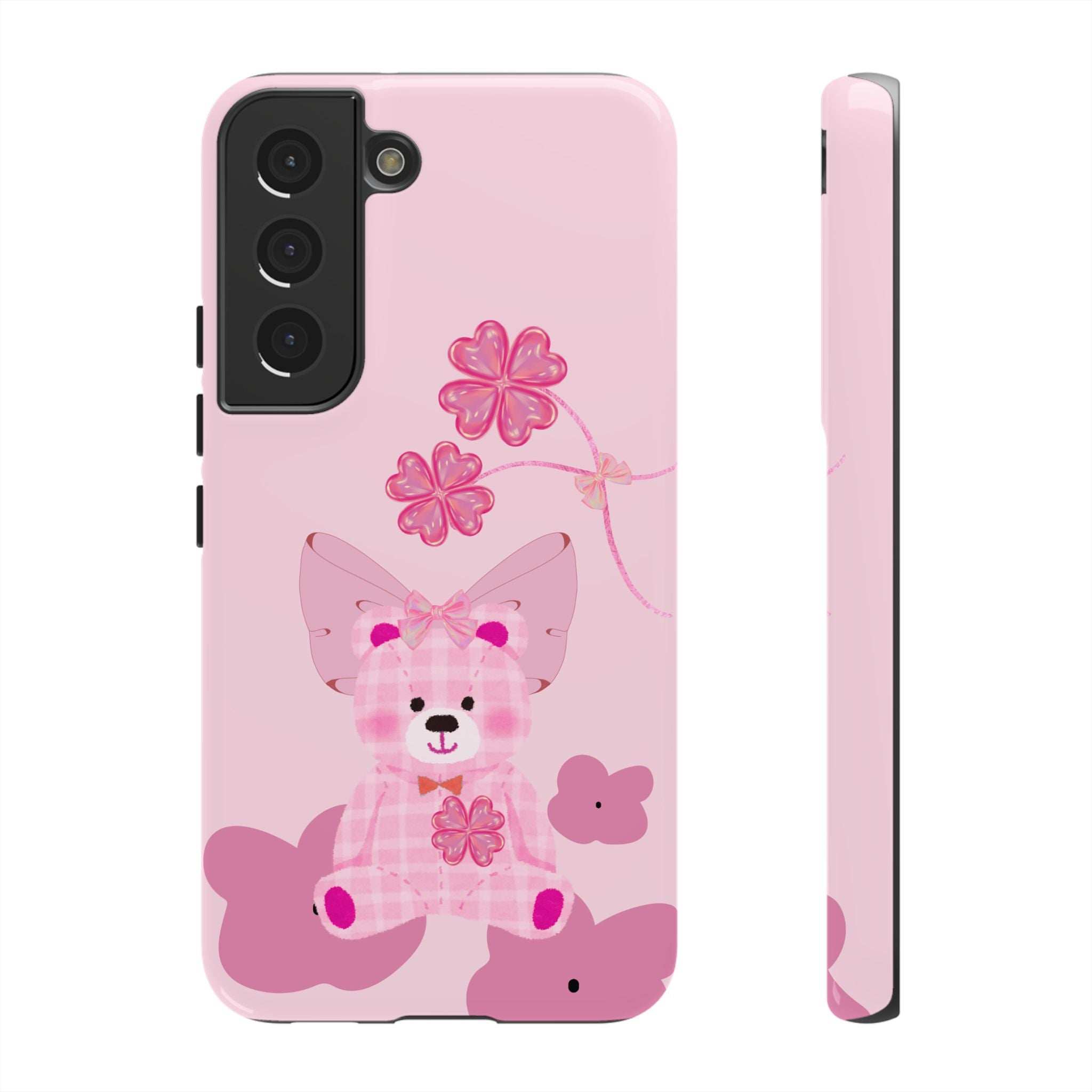 Pink teddy bear phone case with floral bow; back view and narrow side profile.