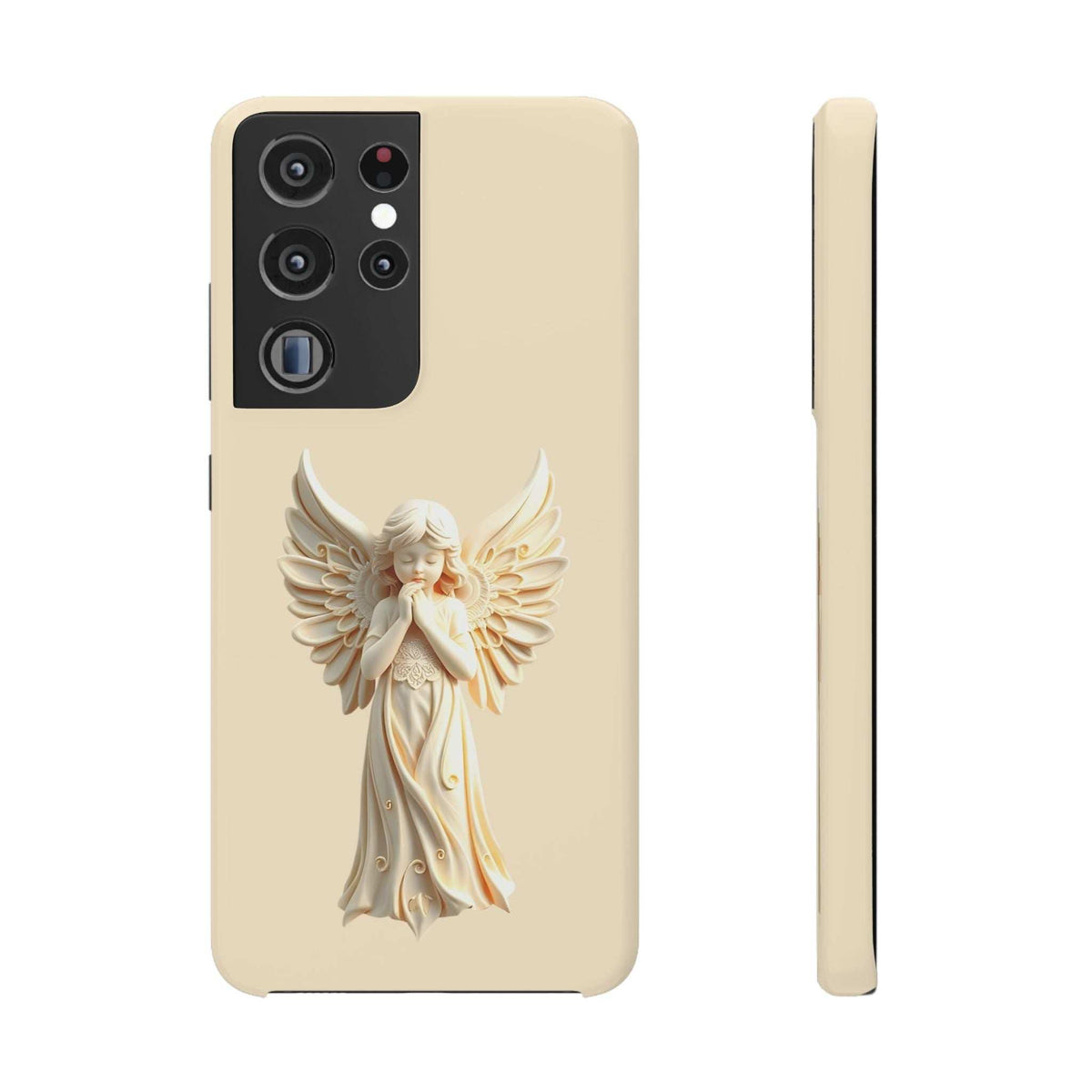 Beige angel phone case with cherub graphic, camera cutout with red dot, front view