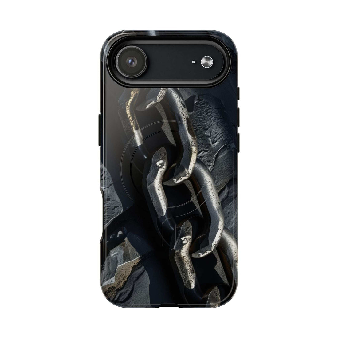 Magnetic phone case with iron chain graphic, dark finish, raised camera cutouts