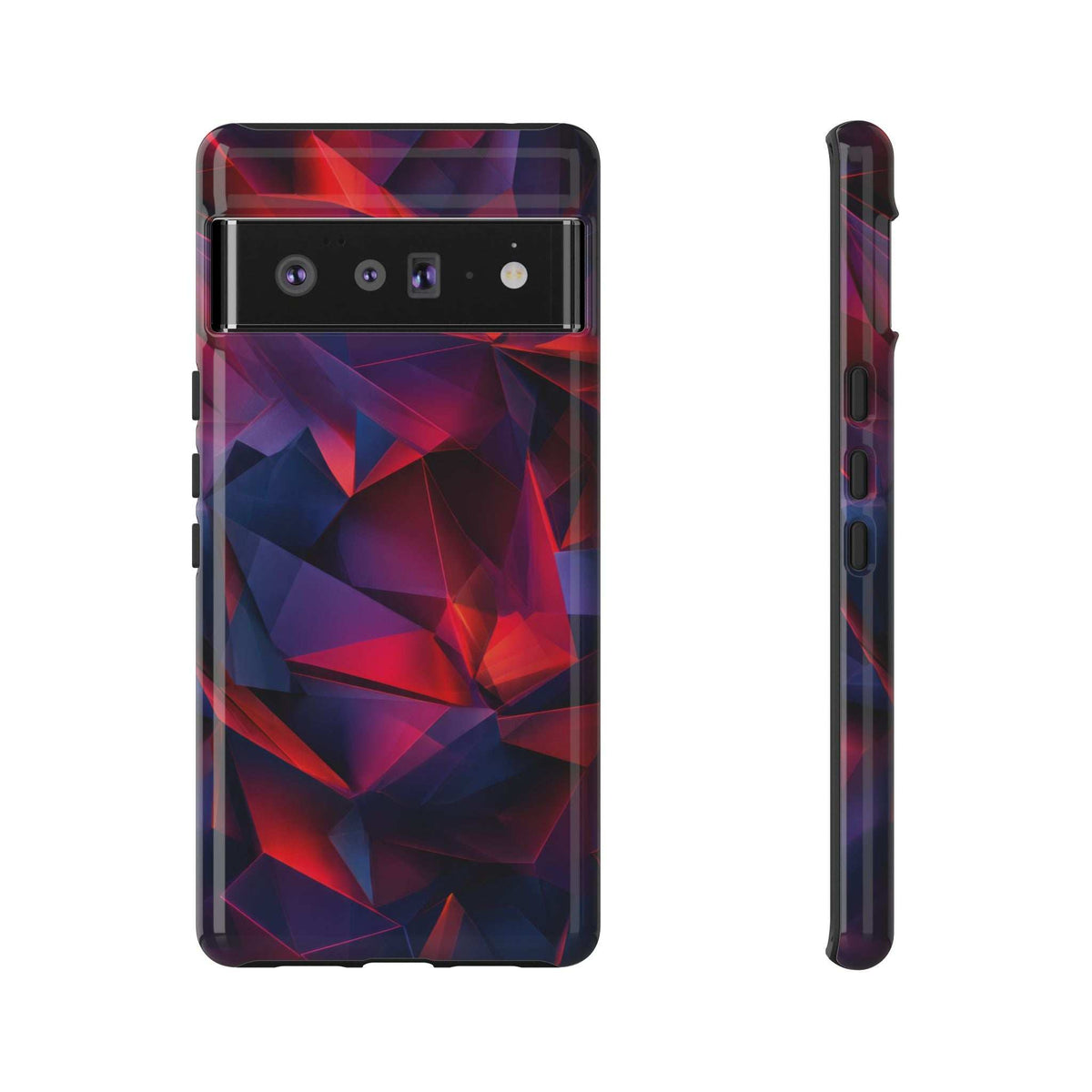 Glossy phone case back with geometric prism pattern; top ports and camera openings