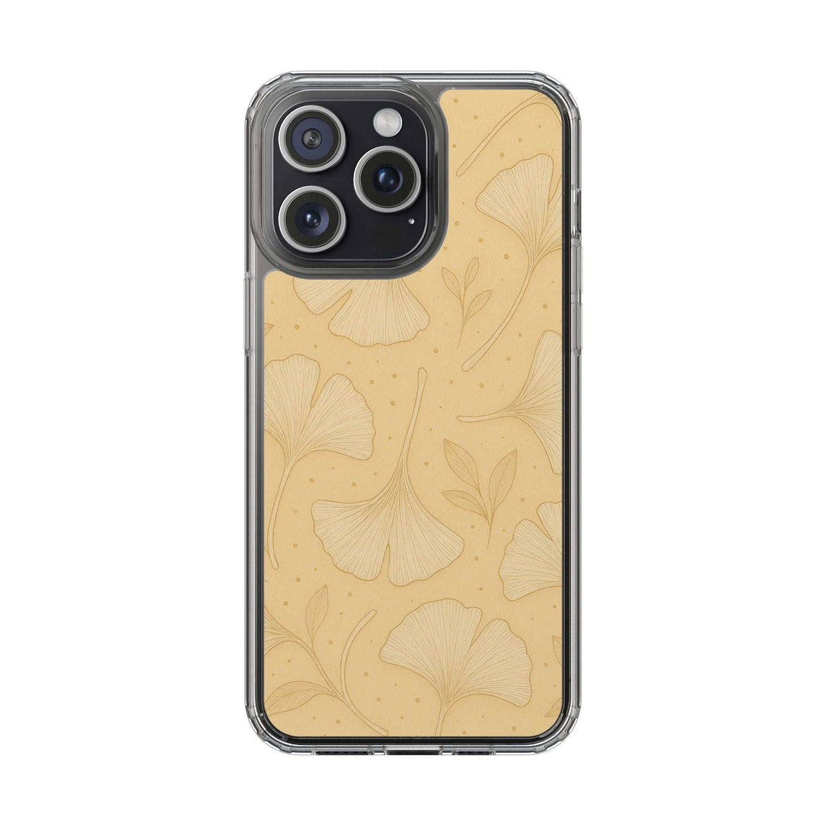 Phone case with tan ginkgo floral pattern and clear border; front view with quad camera cutouts.