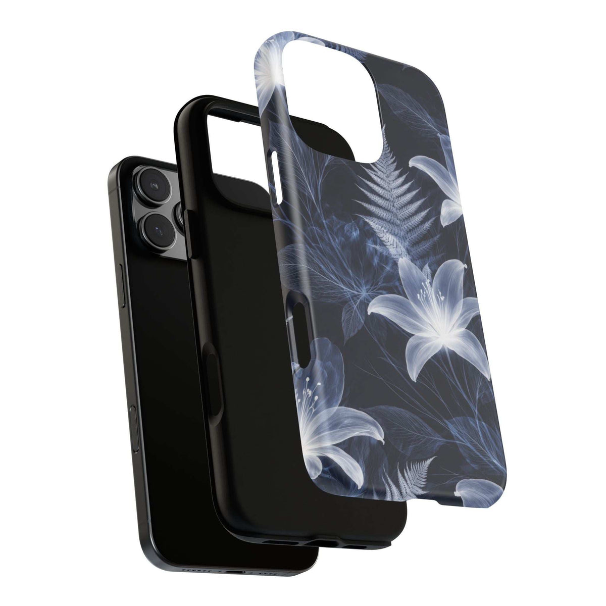 Phone case with blue floral pattern on dark base, raised camera opening
