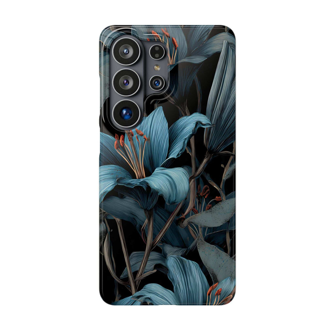 Floral phone case with blue flowers and leaves, corner camera cutouts and raised edges