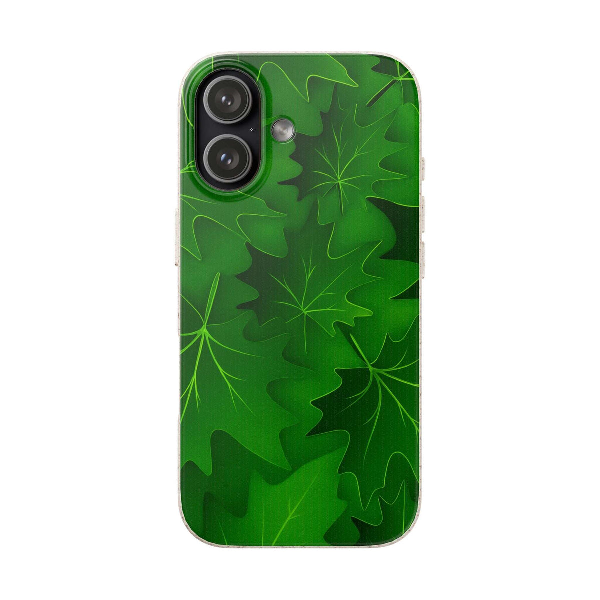 Green botanical leaf phone case with dual camera and flash cutouts