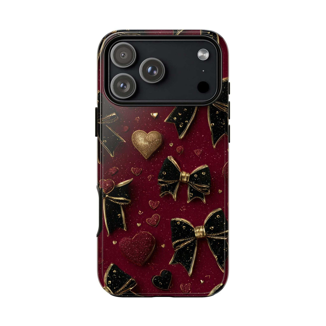 Glossy Valentine charm phone case in maroon with gold hearts and bows, front view.