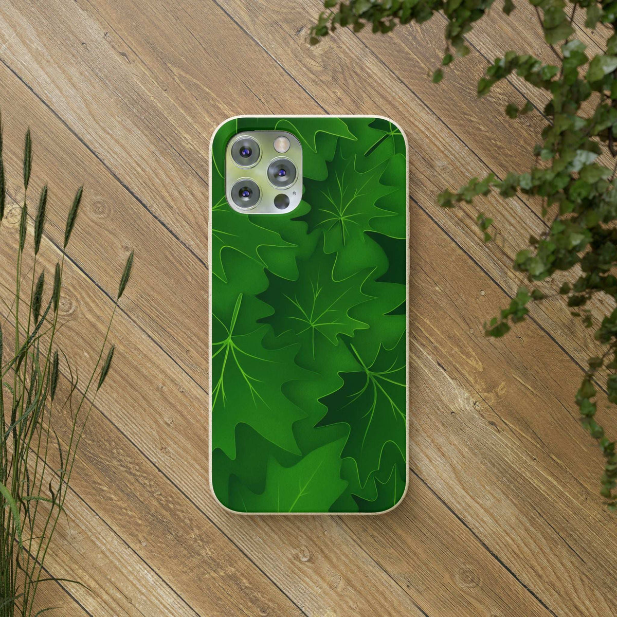 Green botanical leaf phone case with rounded edges and camera cutouts