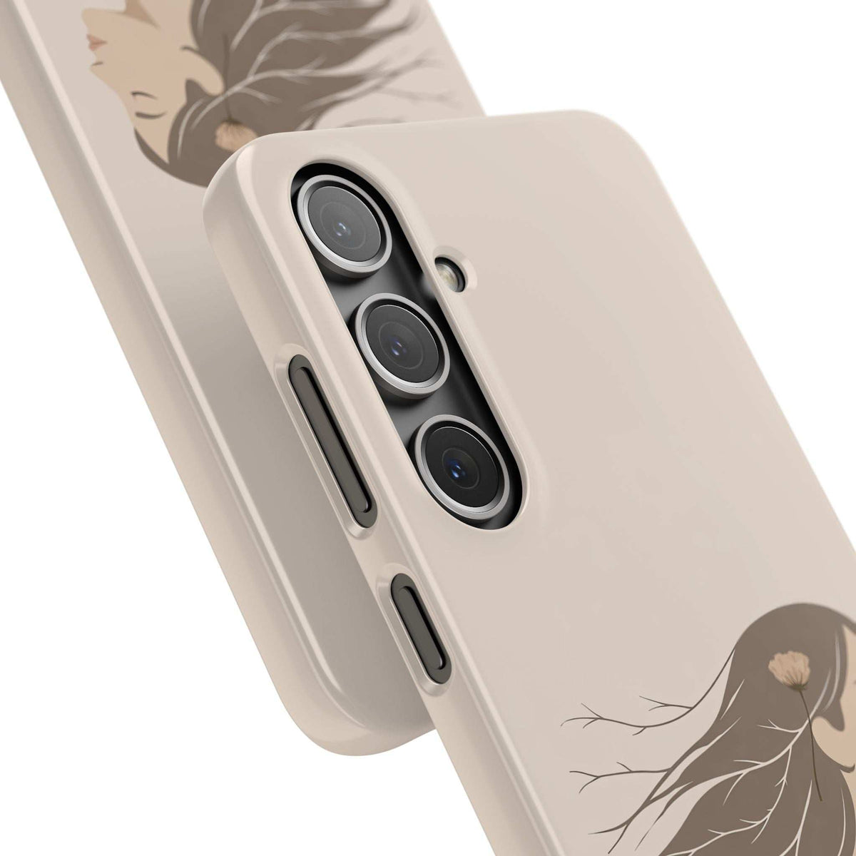 Cream phone case with raised triple camera lenses and woman outline graphic.