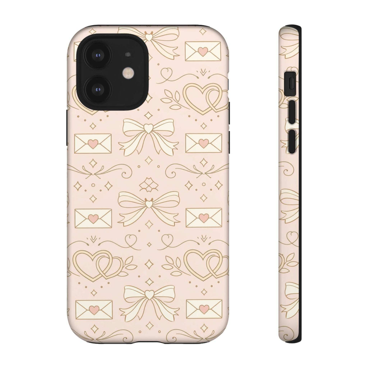 Pink hard phone case with gold heart and envelope line art; camera cutout and side edge