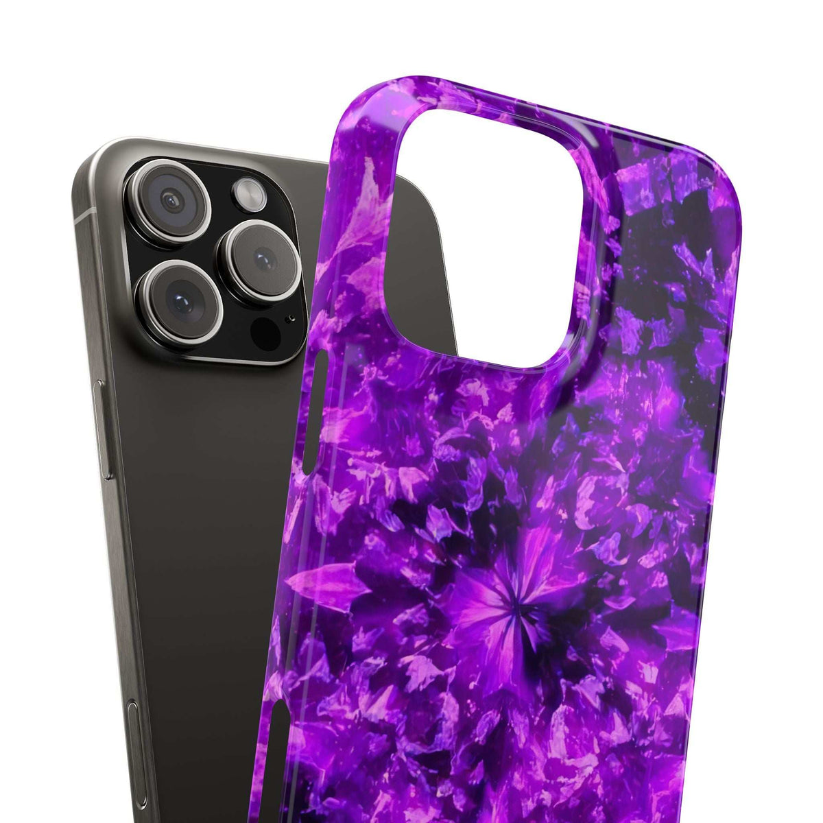 Purple kaleidoscope phone case from the side with large rectangular camera cutout