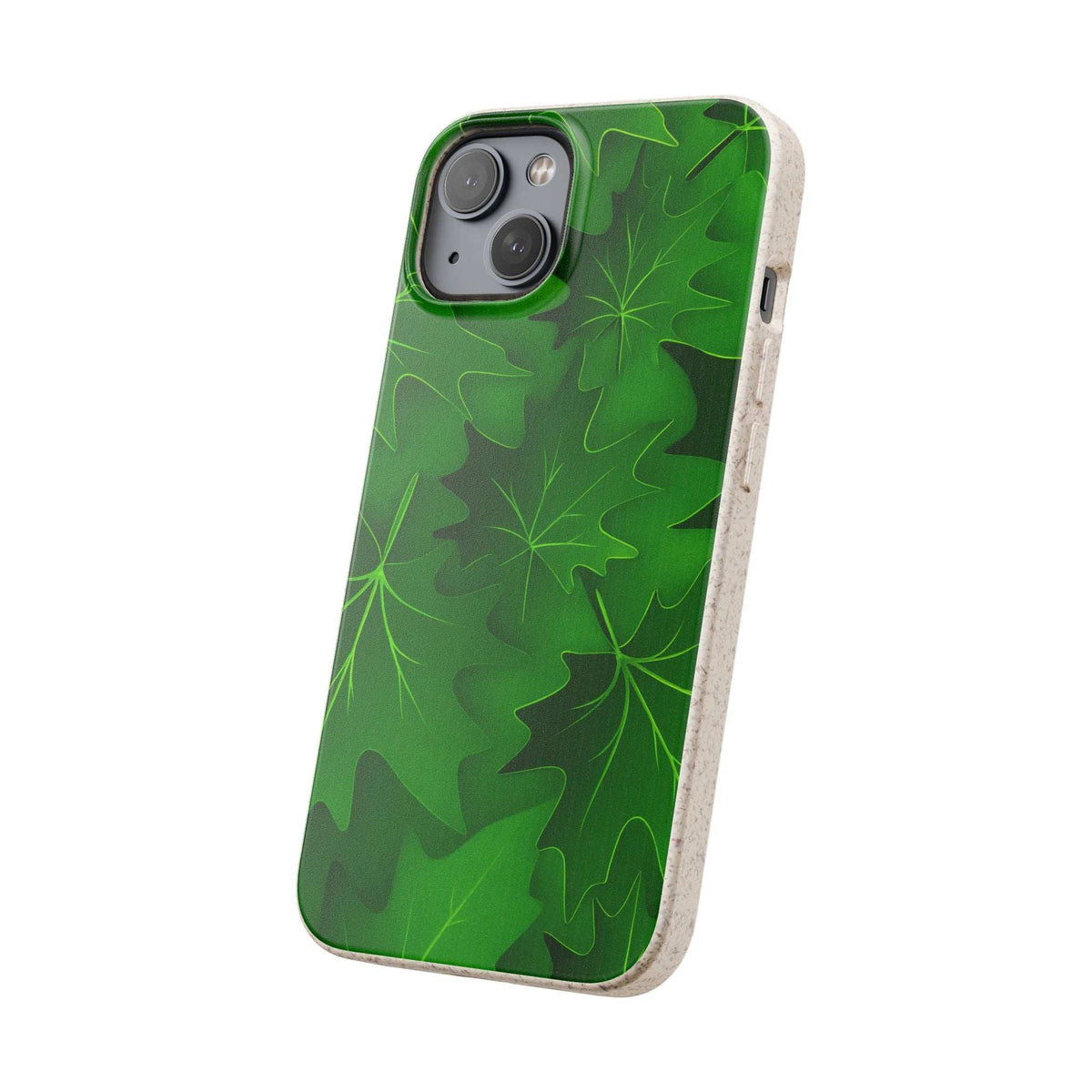 Green botanical leaf phone case with dual lenses cutout and speckled beige sides