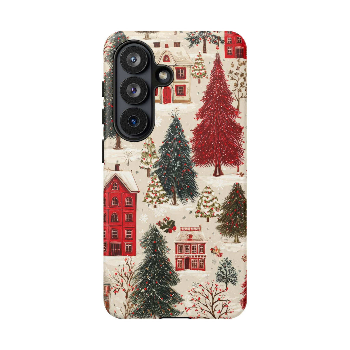 Winter village phone case with red houses and pine trees; quad camera cutouts.