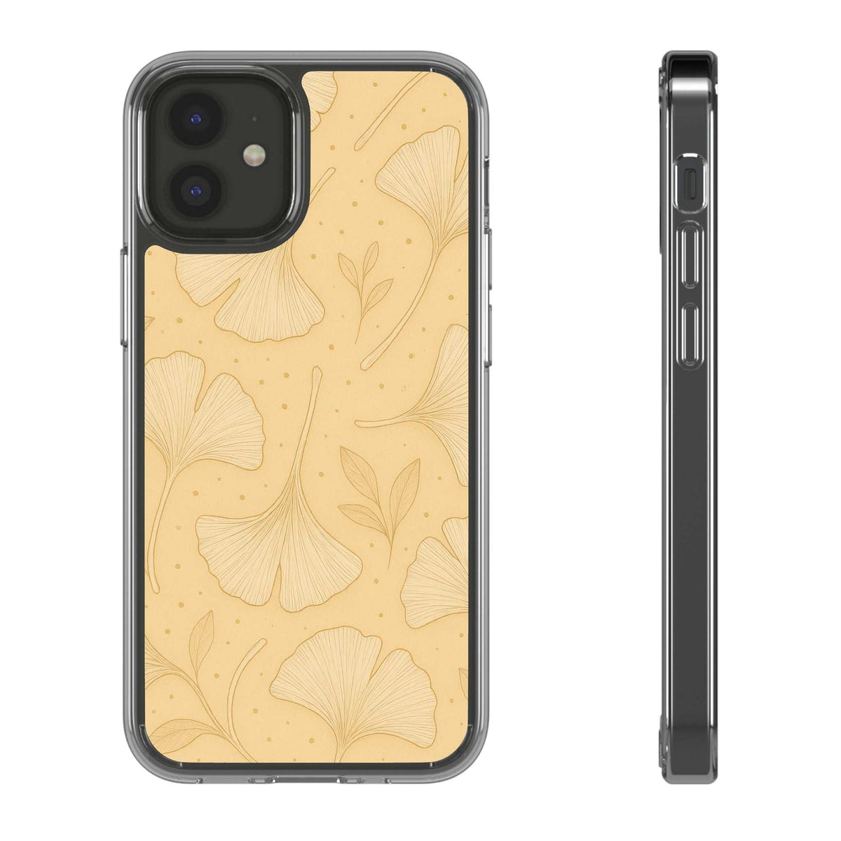 Tan ginkgo floral phone case front view with camera cutouts and side buttons, clear frame