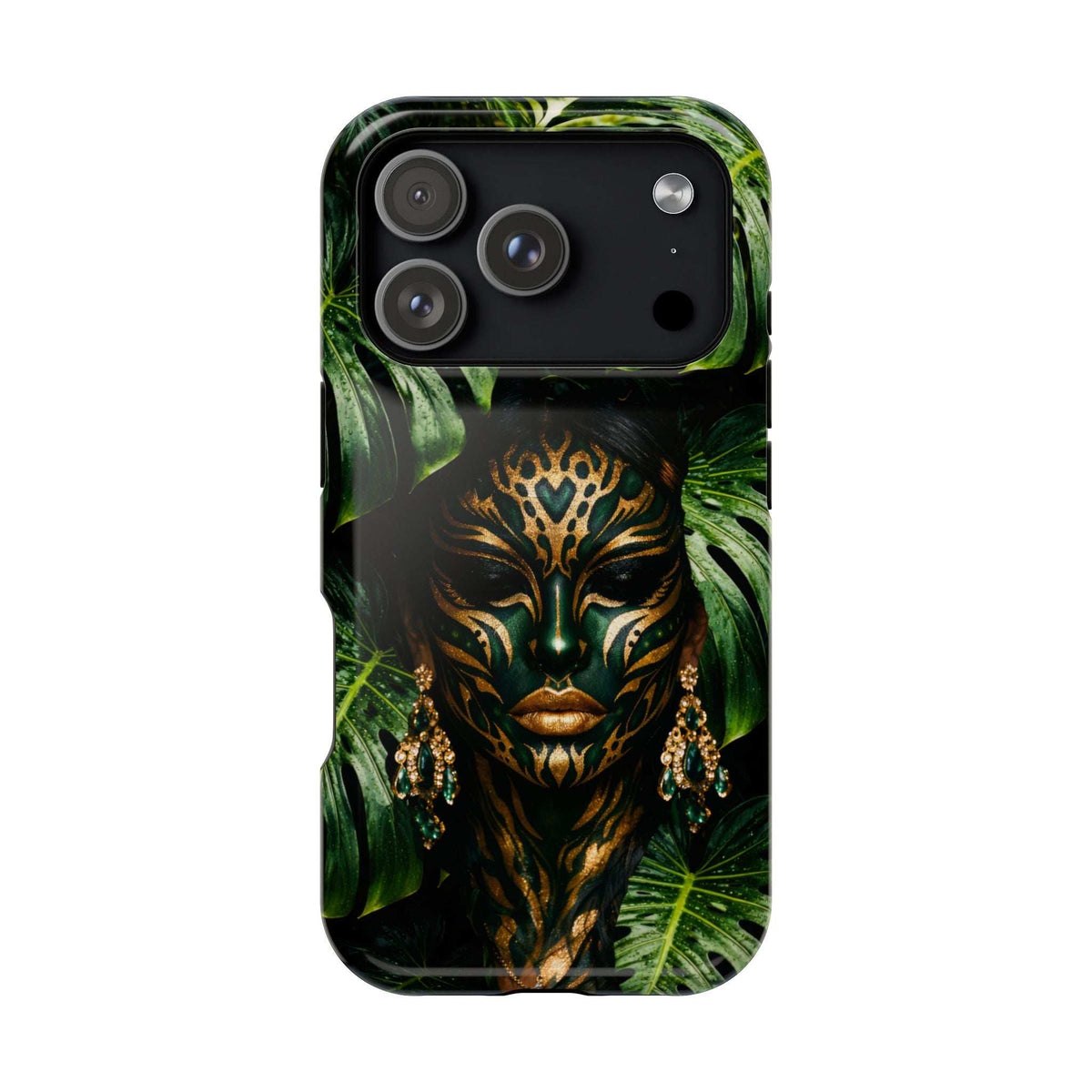 Phone case with jungle spirit mask artwork and tropical leaves, dual camera module on back