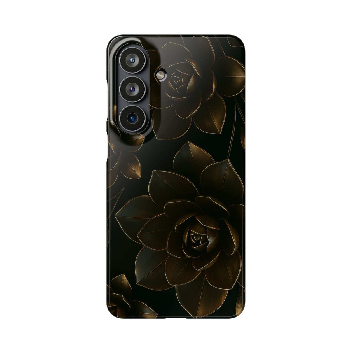 Glossy black phone case with gold rose and leaves pattern, back view