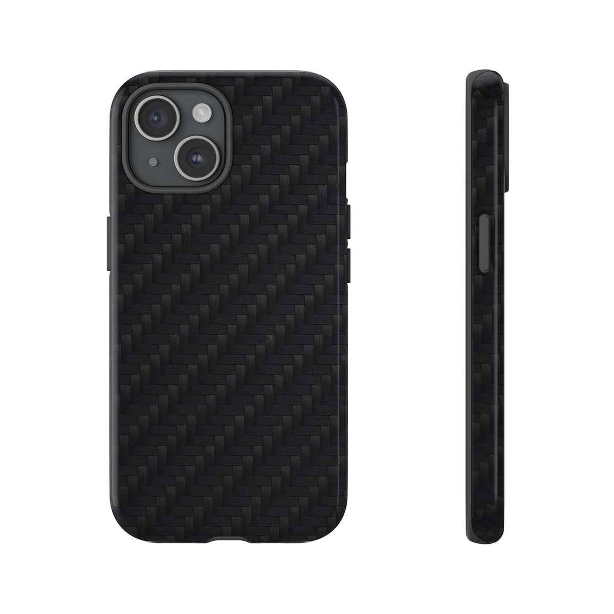Black carbon fiber phone case with textured finish and camera cutouts, front and side view.