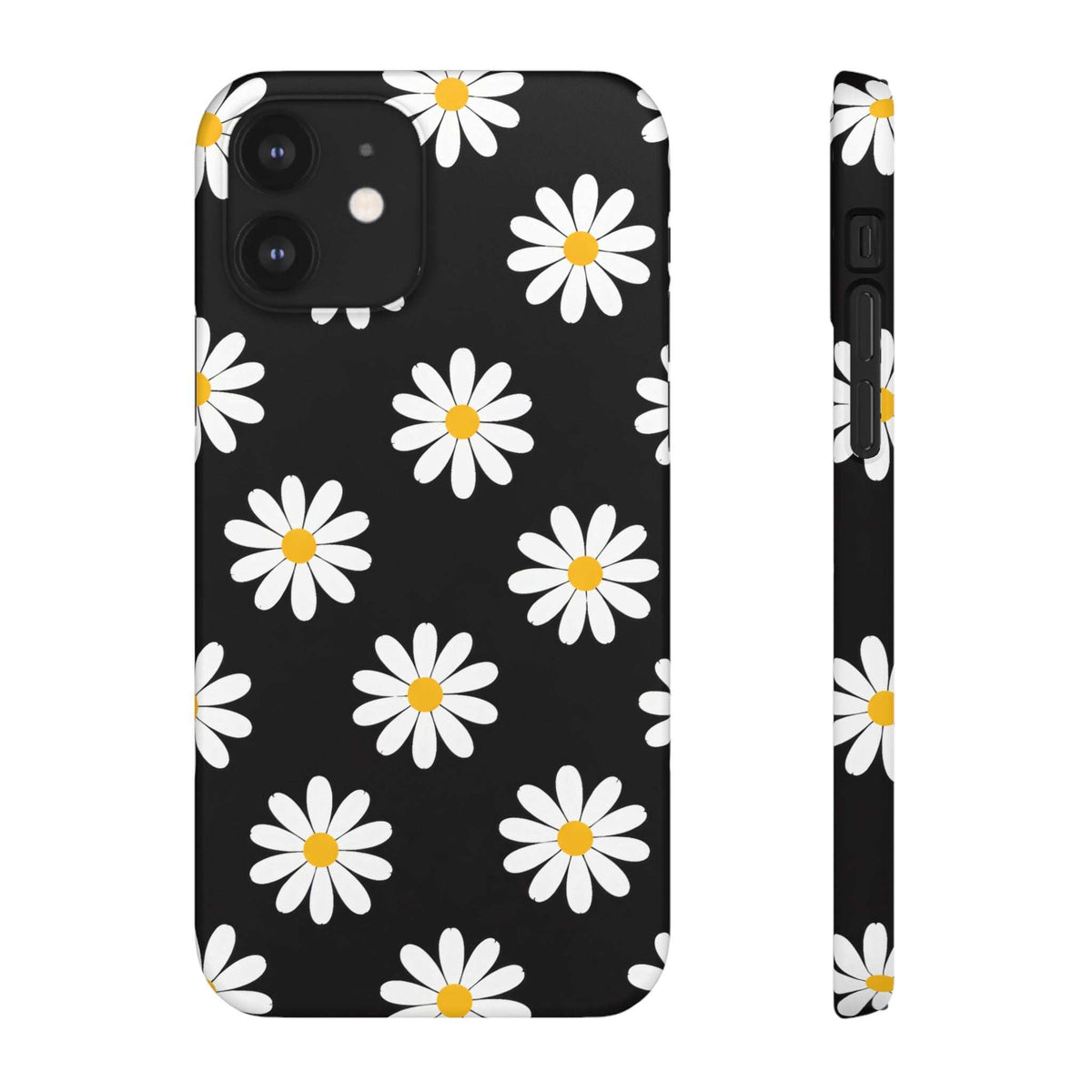 Black phone case with scattered white daisies and yellow centers; back camera area and side view.