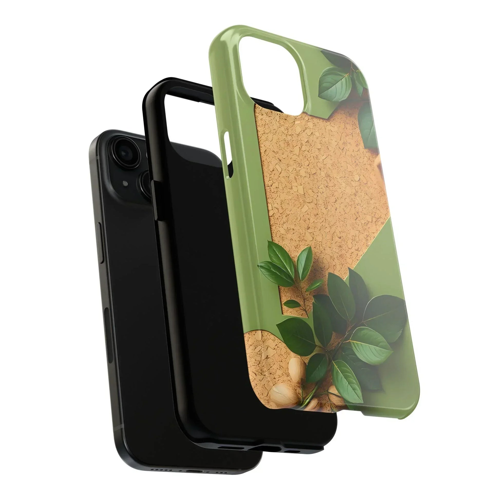 Eco-Inspired Tough Phone Case – Cork Texture with Leaf & Seed Design for iPhone 7-16 and Samsung Galaxy S21-S24 - KarArmDesign