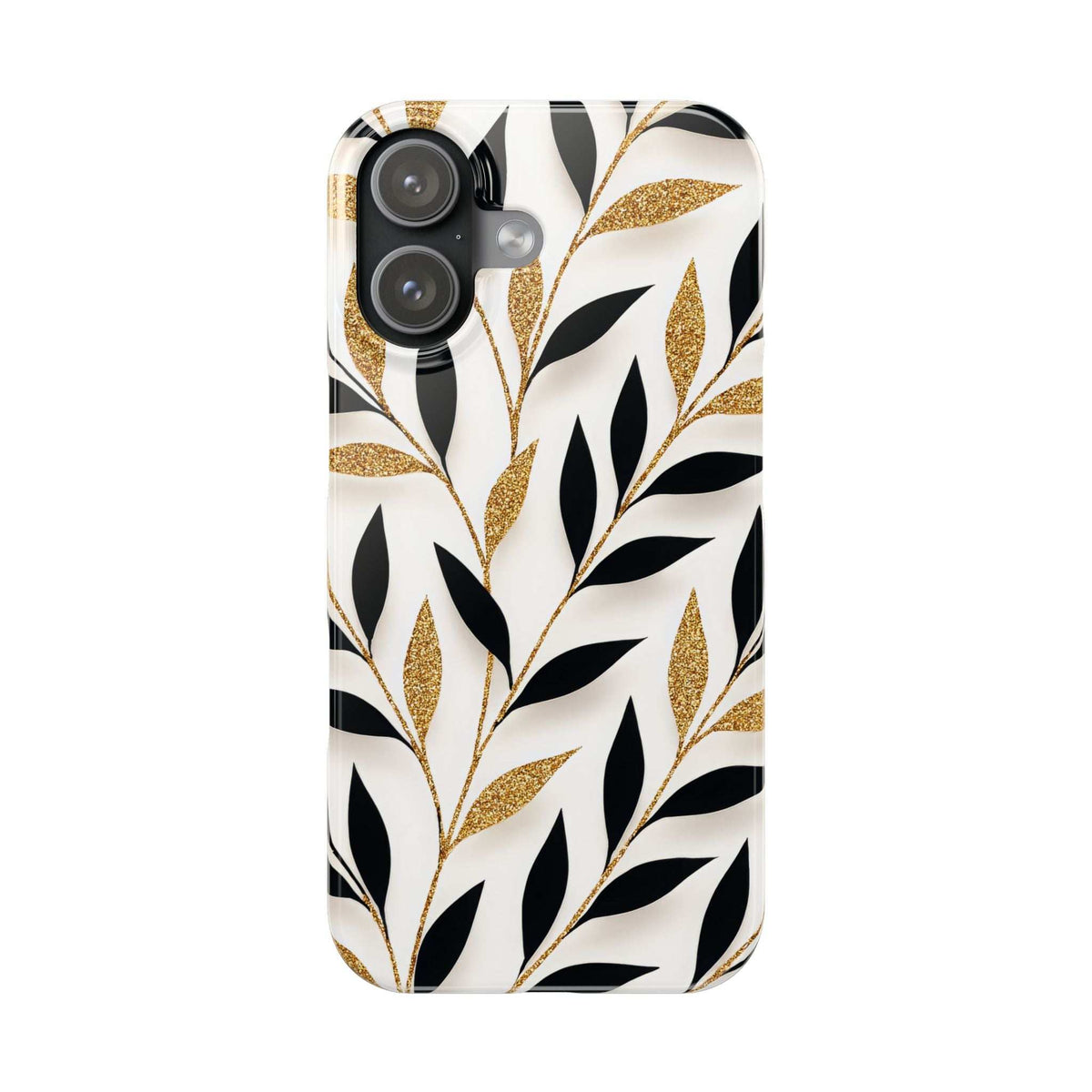 Phone case with glossy gold leaf speckles, black botanical shapes on white