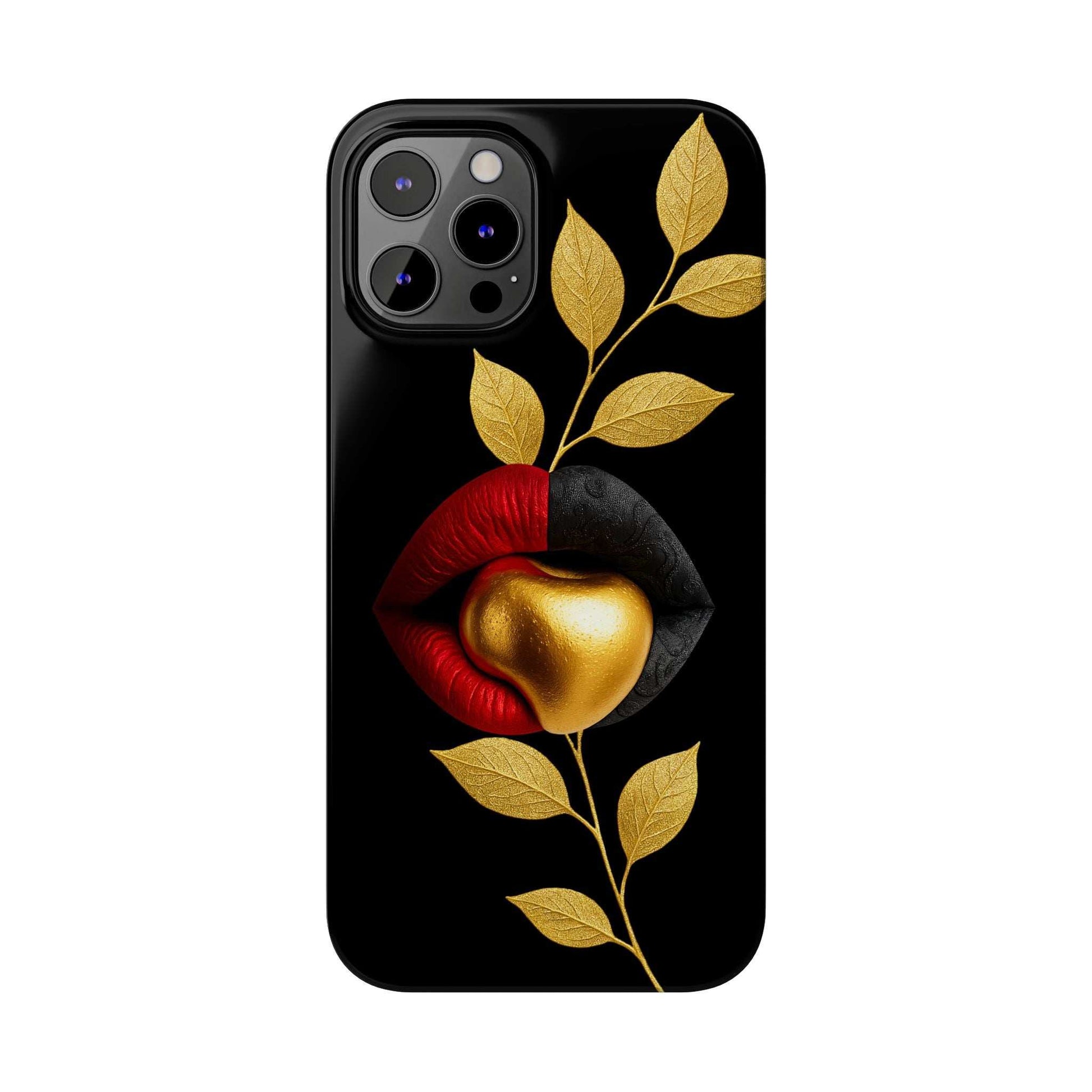 Black phone case with gold leaves, red lips, and gold heart design