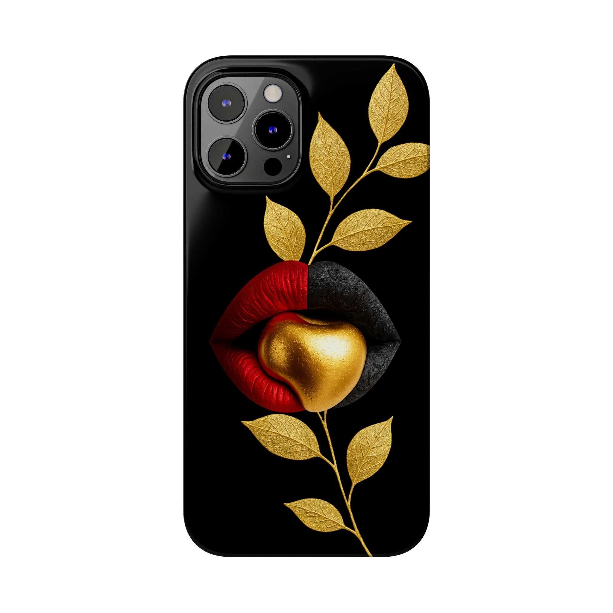 Black phone case with gold leaves, red lips, and gold heart design