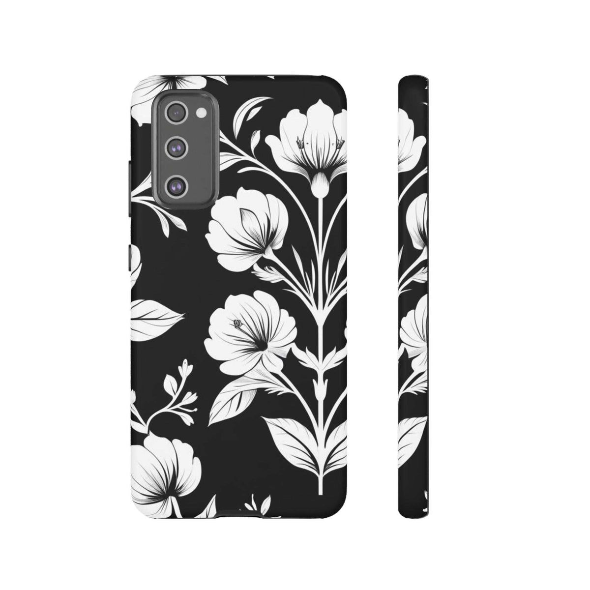 Black phone case with white floral pattern, back view and protective side rails