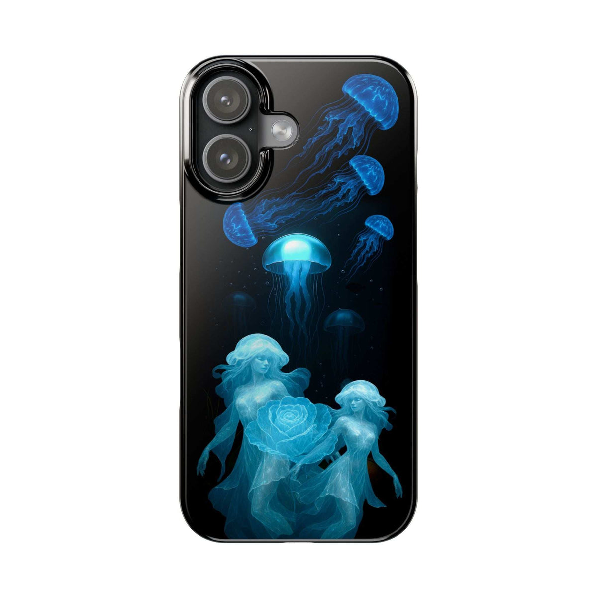 Silver-edged phone case with blue jellyfish and glowing rose graphic on the back
